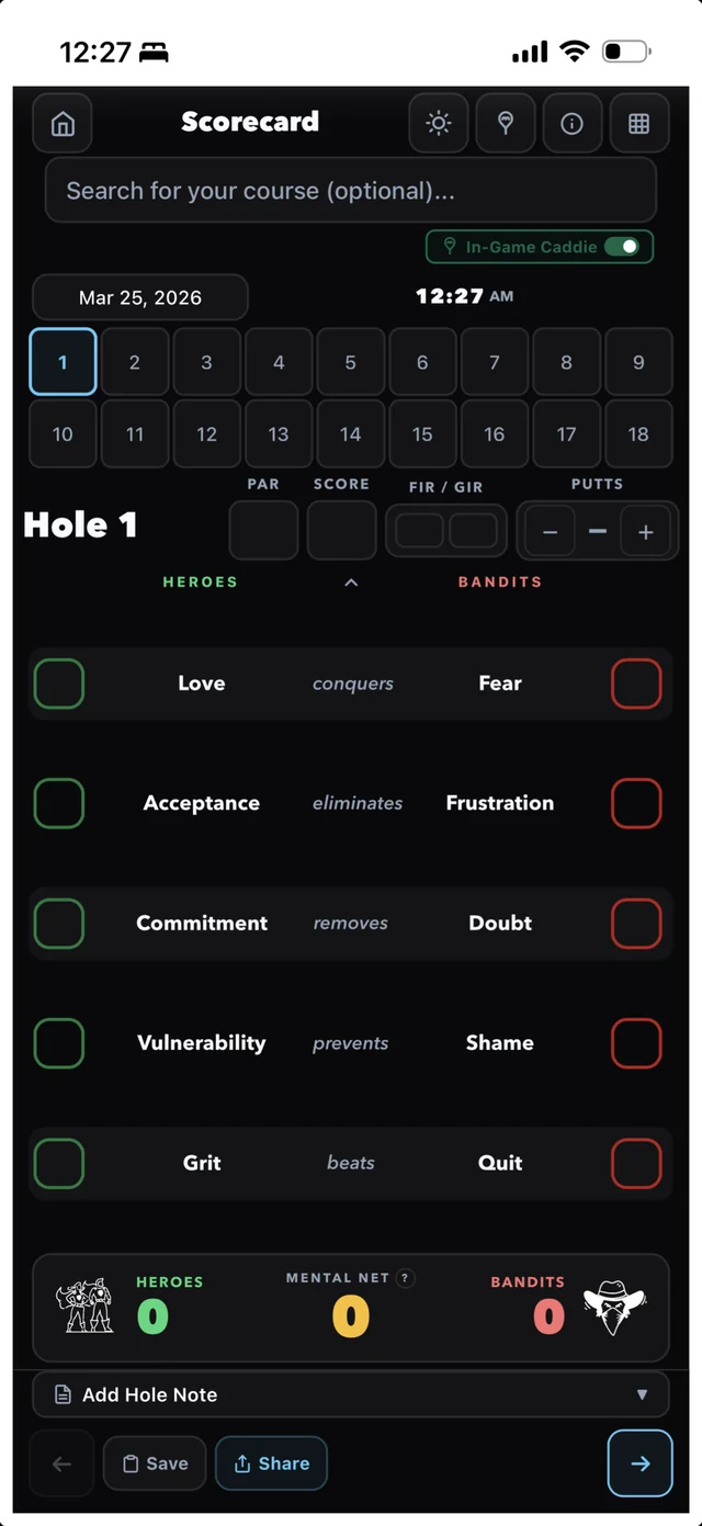 Logging Heroes and Bandits hole by hole on the scorecard